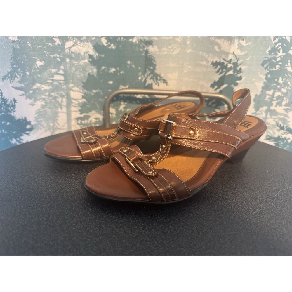 Sofft Brown Leather Slingback Ankle Strap Wedge Peep Toe Sandal Women's Shoe 7.5